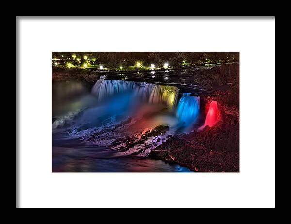 Niagara Falls Framed Print featuring the photograph The American Falls Illuminated With Colors by Mark Whitt
