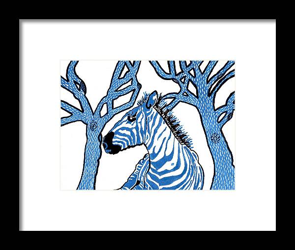 The Blue Zebra Framed Print featuring the painting The Blue Zebra by Connie Valasco