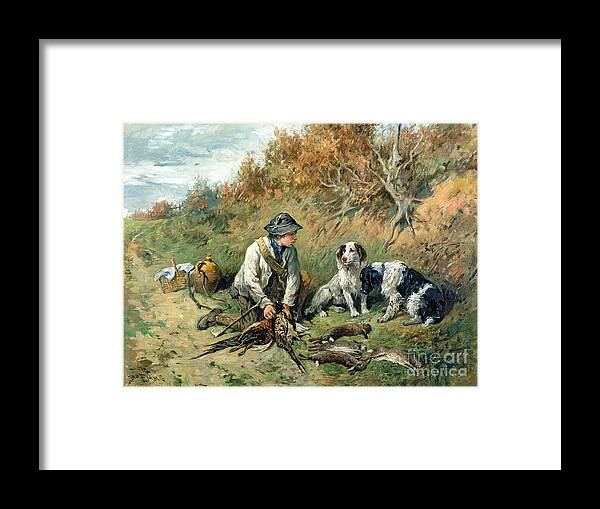 Pheasant; Rabbit; Hare; Gamekeeper; Bird; Shoot; Dog; Dogs; Game Keeper Framed Print featuring the painting The Day's Bag by John Emms