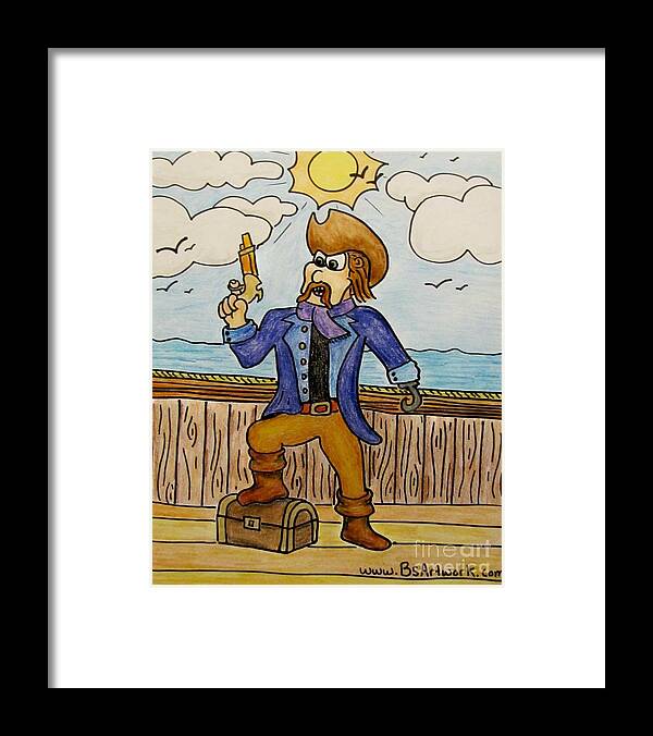 Captain Hook Pirate Treasure Chest Sun Birds Ocean Atlantic Pacific Colt Pistol Navy Sailor Old Fashioned Ship Framed Print featuring the drawing The Hooked Captain by Bruce Semon