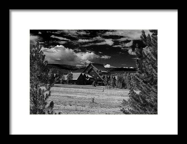 Yellowstone; National Park; Landscape; Lodge; Cabin; Cottage; Hunting; Hotel; Inn; Resort; Motel; Stay; House; Public House; Black; White; Cloud; Pine; Tree; Overcast; Christmas Tree; Grass; Lawn Framed Print featuring the photograph The Lodge by D L McDowell-Hiss