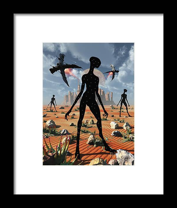 Vertical Framed Print featuring the digital art The Mysterious Black Shape Of Beings by Mark Stevenson