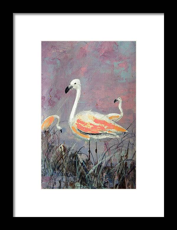 Swamp Framed Print featuring the painting Three Flamingos by Gary Partin