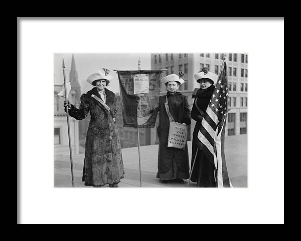 History Framed Print featuring the photograph Three Suffragettes Demonstrate In New by Everett
