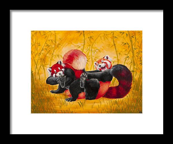Tickle Fight Tickling Cartoon Red Panda Firefox Animals Wildlife Nature Anthropomorphic Cute Happy Bamboo Warm Framed Print featuring the painting Tickle Fight by Beth Davies