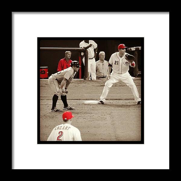 Reds Framed Print featuring the photograph Todd Frazier Holding The Runner On 1st by Reds Pics