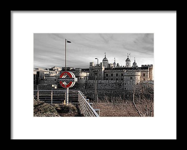 Tower Of London Framed Print featuring the photograph Tower of London with Tube sign by Jasna Buncic