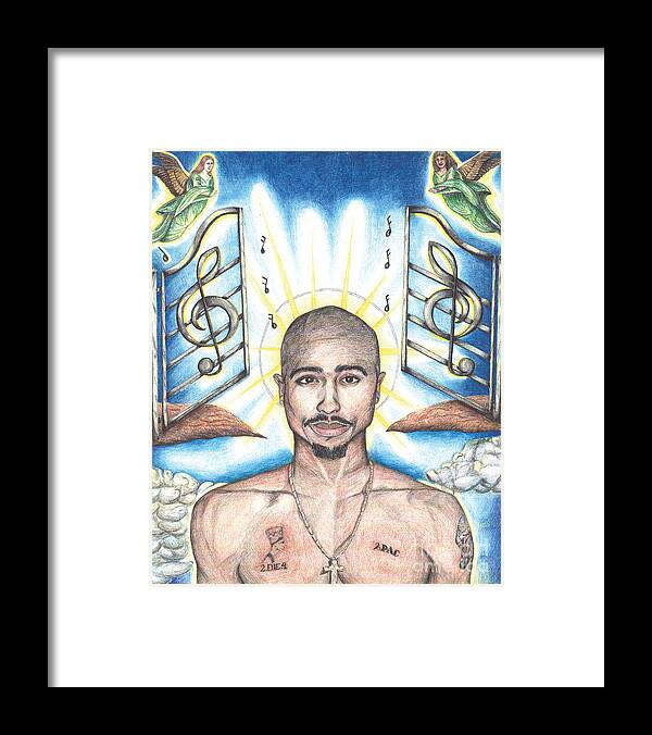 Tupac Framed Print featuring the drawing Tupac in Heaven by Debbie DeWitt