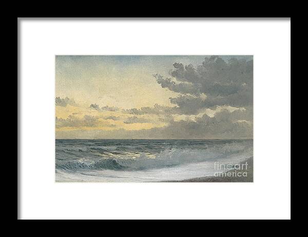 Seascape; Coastal; Coast; Beach; Shore; Waves; Dusk; Chesil Beach; Dorset; Sunset; Sunrise; Dawn; Atmospheric; Seascape Framed Print featuring the painting Twilight, Sad Melody by William Pye