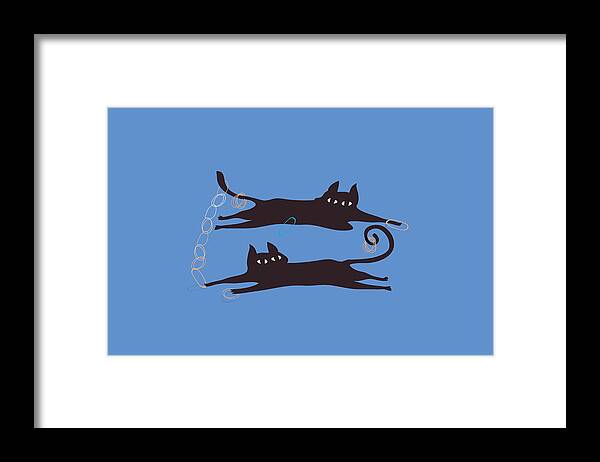 Horizontal Framed Print featuring the digital art Two Cats Playing With Rubber Bands by Meg Takamura