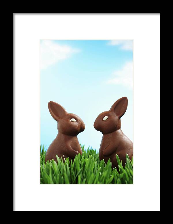 Vertical Framed Print featuring the photograph Two Chocolate Easter Bunnies Facing Each Other In Grass, Side View by Martin Poole