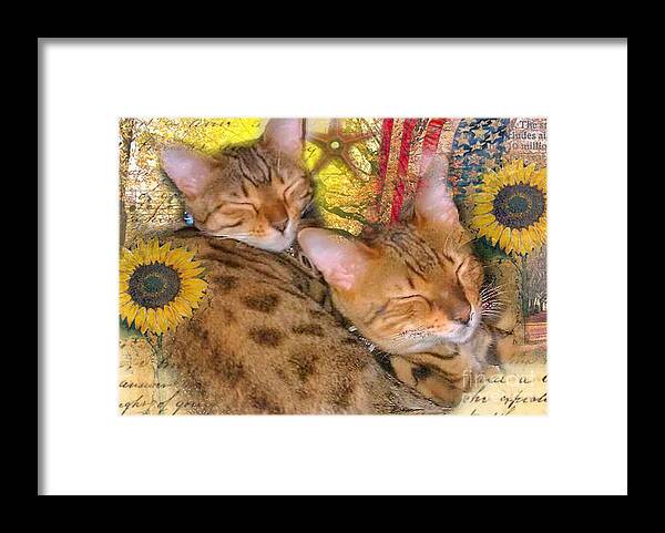 Art;cats;spotted Cats;sunflower;american Flag;unique;one Of A Kind Framed Print featuring the digital art Two Kitties Sitting in a Tree by Ruby Cross