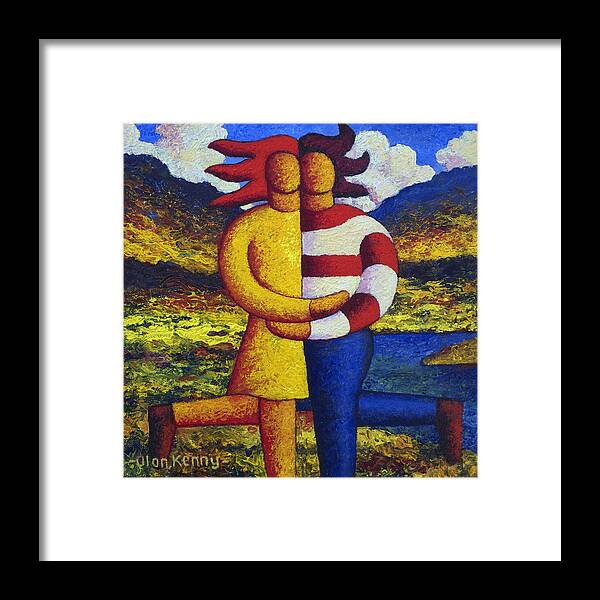 Lovers Framed Print featuring the painting Two lovers in a landscape by a lake by Alan Kenny