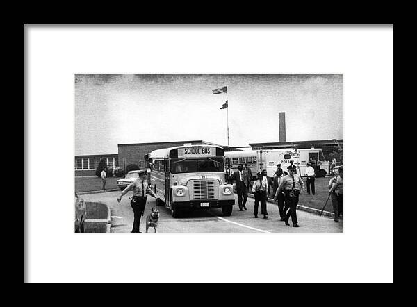 1970s Framed Print featuring the photograph Us Civil Rights. School Bus Leaving by Everett