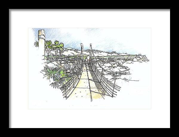 Golf And Pedestrian Suspended Bridge Framed Print featuring the drawing Wadi Crossing by Andrew Drozdowicz