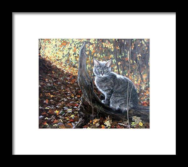 Kitten Framed Print featuring the painting Waiting in the Woods by Sandra Chase