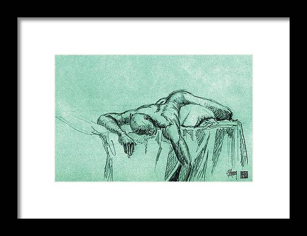 Nude Man Laying On Bed Framed Print featuring the drawing Wasted by Stan Kwong