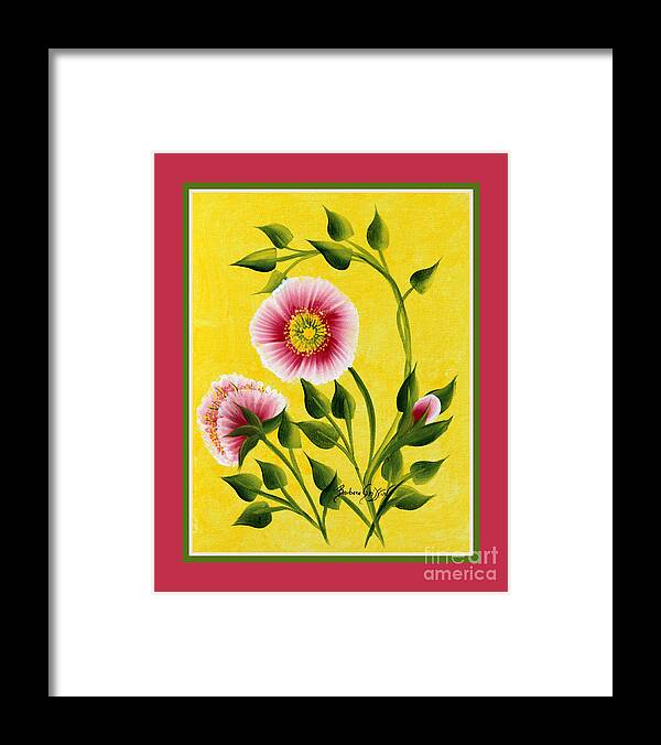 Wild Roses Framed Print featuring the painting Wild Roses on Yellow with Borders by Barbara A Griffin