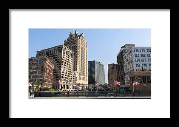 Milwaukee Framed Print featuring the photograph Wisconsin River Brige with Flags by Anita Burgermeister