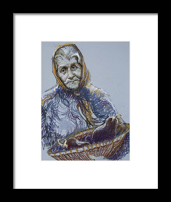 Women Framed Print featuring the drawing Woman with a Basket of Eggplant by Ellen Dreibelbis