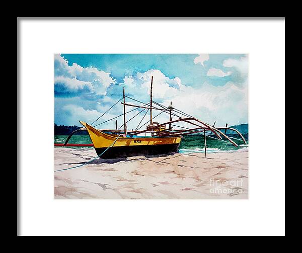 Boat Framed Print featuring the painting Yellow Boat Docking on the Shore by Christopher Shellhammer