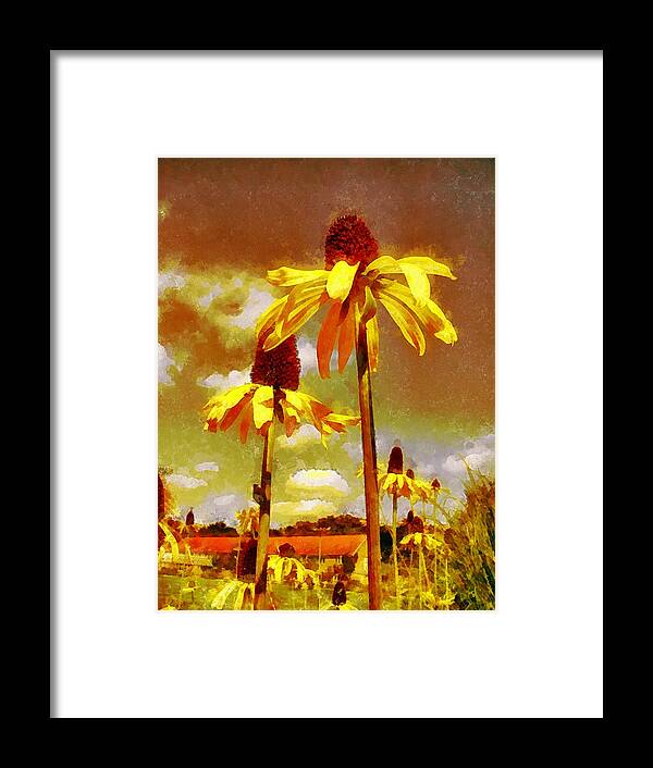 Yellow Echinacea Framed Print featuring the photograph Yellow Echinacea Van Gogh style by Chris Thaxter