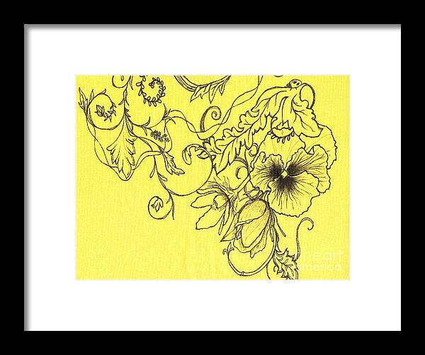 Yellow Pansy Framed Art Print Framed Print featuring the drawing Yellow Pansy and Ladybug by Denise Hoag