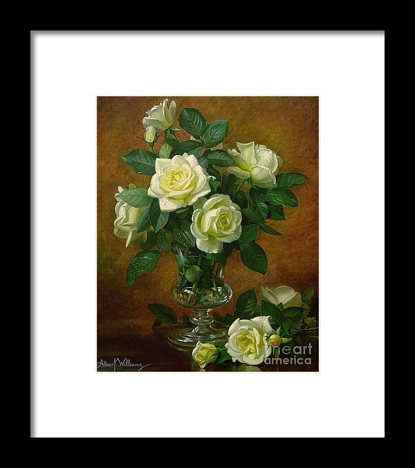 Rose; Still Life; Flower; Arrangement; Glass; Vase; Pale; Floral; Sentimental; Symbolic; Roses; Flowers; Yellow Roses; Leafs; Yellow Roses On Floor Framed Print featuring the painting Yellow Roses by Albert Williams