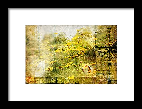 Flower Framed Print featuring the mixed media Yellow Wildflower Field Abstract by Elaine Manley