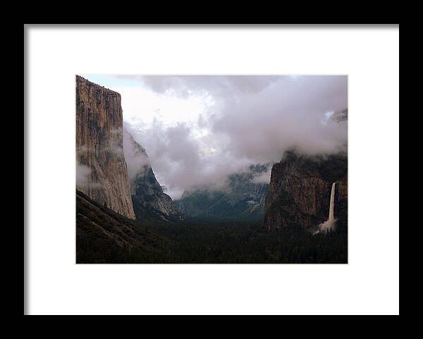 Bridalveil Fall Framed Print featuring the photograph Yosemite Tunnel View in Clouds by Jeff Lowe