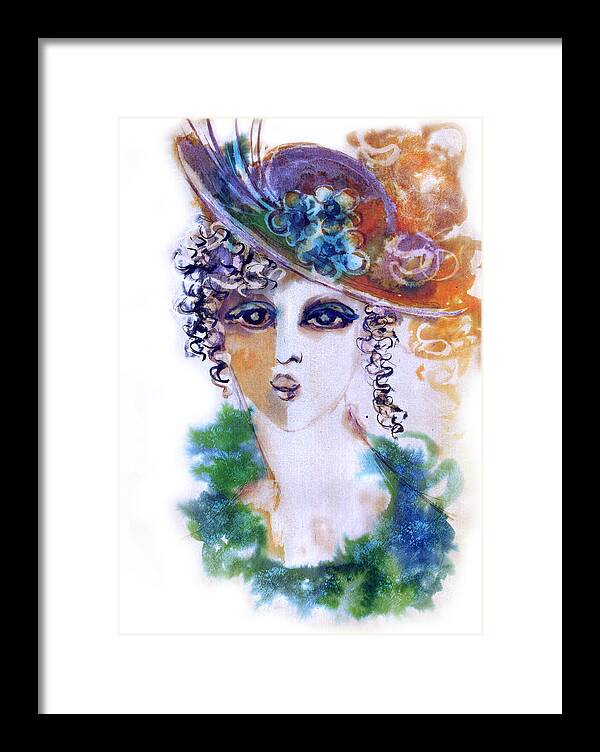 Young Framed Print featuring the painting Young woman face with curls in blue green dress purple hat with flower by Rachel Hershkovitz