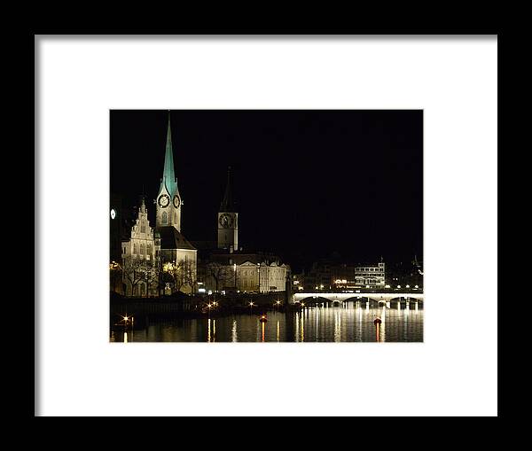 Zurich Framed Print featuring the photograph Zurich by Night - Fraumunster by Joshua Benk
