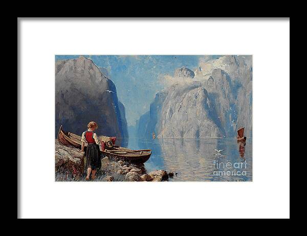 Hans Andreas Dahl Framed Print featuring the painting Fjord landscape by Hans Andreas Dahl