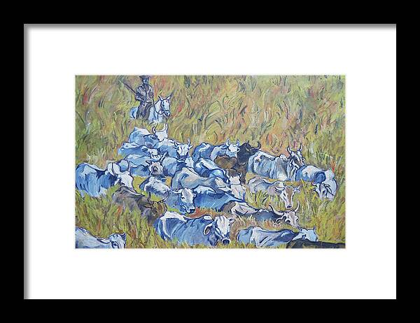 The Tall Grass Makes It Hard For This Gaucho To Herd His Cattle. Gaucho Framed Print featuring the painting  Gaucho Roundup by Charme Curtin