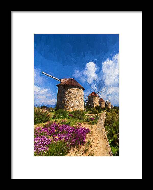 Landscape Framed Print featuring the digital art Windmills of Portugal by Charmaine Zoe