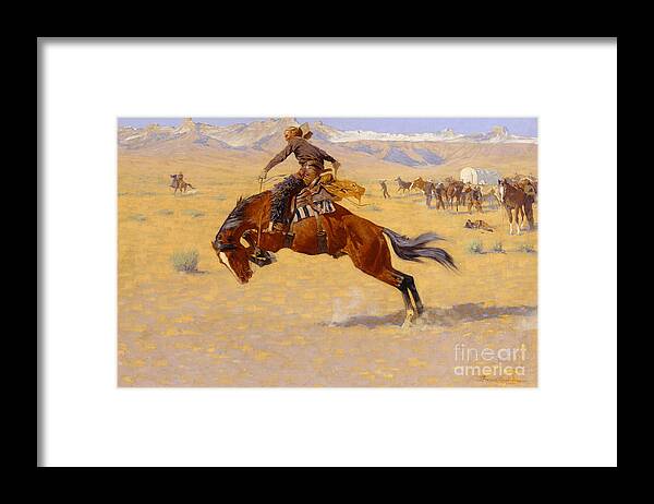 Cowboy; Horse; Pony; Rearing; Bronco; Wild West; Old West; Plain; Plains; American; Landscape; Breaking; Horses; Snow-capped; Mountains; Mountainous Framed Print featuring the painting A Cold Morning on the Range by Frederic Remington