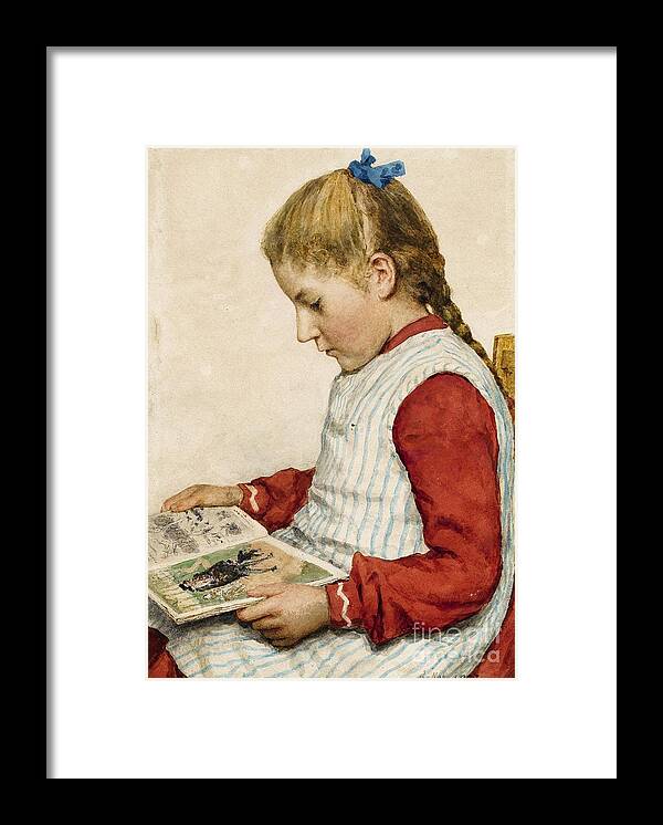 Albert Anker. . 1831 Ins - 1910 Ins. . A Girl Looking At A Book. Framed Print featuring the painting A Girl Looking at a Book #1 by Celestial Images