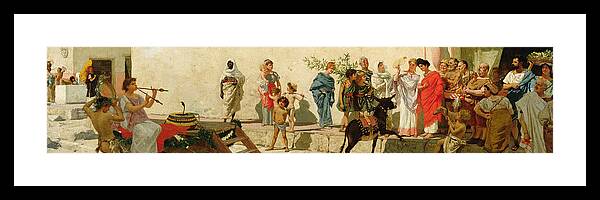 A Roman Street Scene With Musicians And A Performing Monkey Framed Print featuring the painting A Roman Street Scene with Musicians and a Performing Monkey by Modesto Faustini