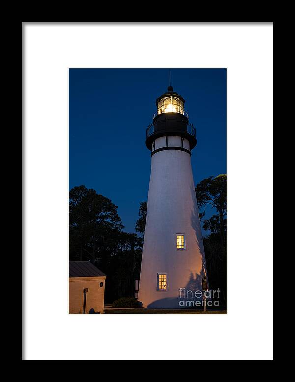 Amelia Island Lighthouse At Night Framed Print featuring the photograph Amelia Island Lighthouse at Twilight-Fernandina Beach Florida #1 by Dawna Moore Photography