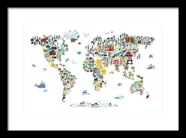 Map Of The World Framed Print featuring the digital art Animal Map of the World for children and kids by Michael Tompsett