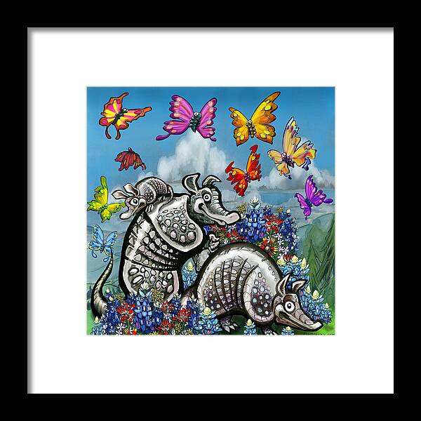 Armadillos Framed Print featuring the digital art Armadillos Bluebonnets and Butterflies #2 by Kevin Middleton