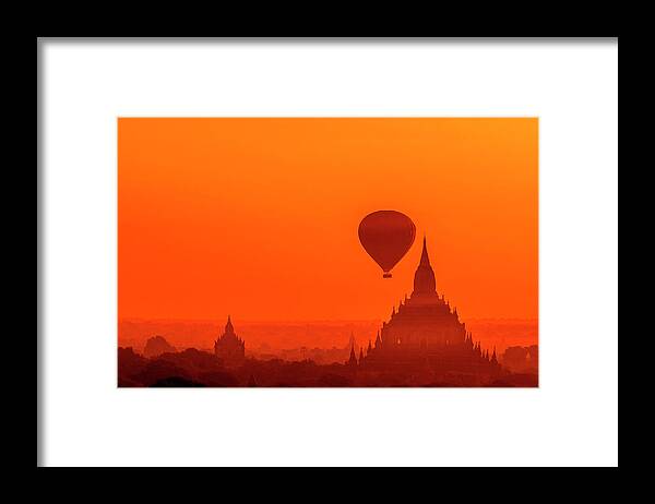 Travel Framed Print featuring the photograph Bagan pagodas and hot air balloon #1 by Pradeep Raja Prints