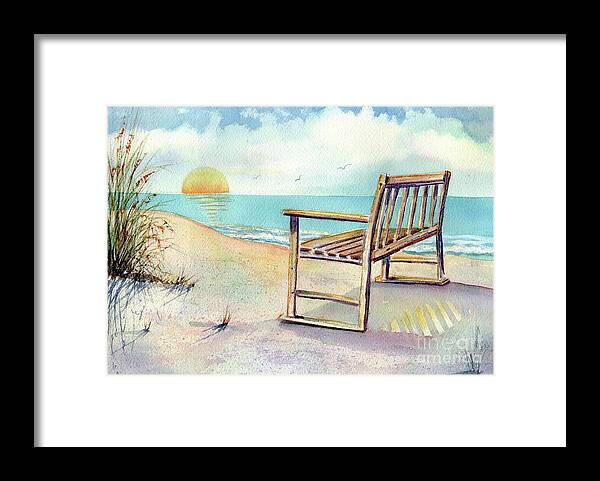 Beach Framed Print featuring the painting Beach Bench by Midge Pippel