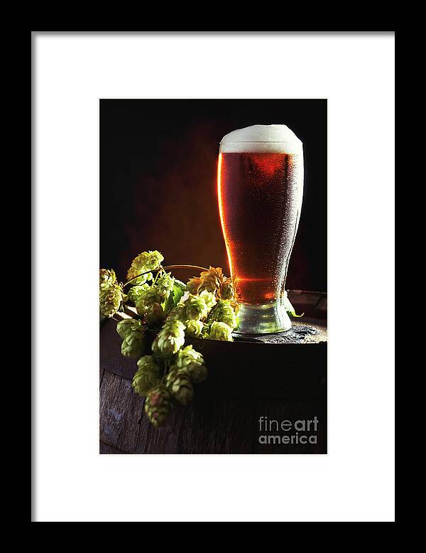 Beer Framed Print featuring the photograph Beer And Hops On Barrel #1 by Amanda Elwell