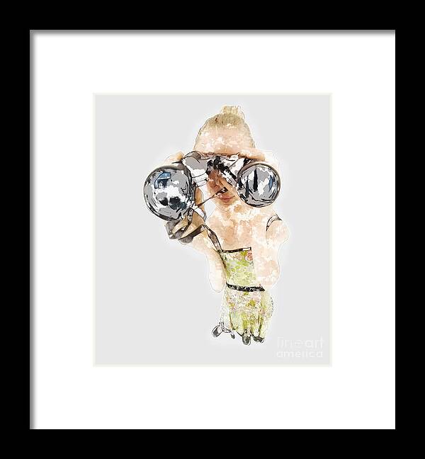 Comic Framed Print featuring the photograph Blond Woman With Binoculars #1 by Humorous Quotes