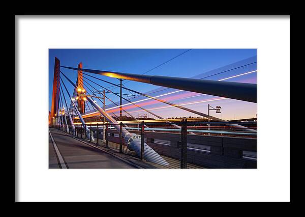 Tilikum Crossing Bridge Portland Oregon City Cityscape Downtown Blue Hour Evening Blur Long Exposure Summer Evening Pacific Northwest Urban Framed Print featuring the photograph Blue Hour Blur #2 by Patrick Campbell