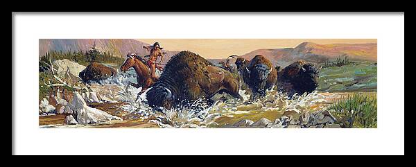 Outdoor Framed Print featuring the painting Buffalo Hunt #1 by Joe Ferrara
