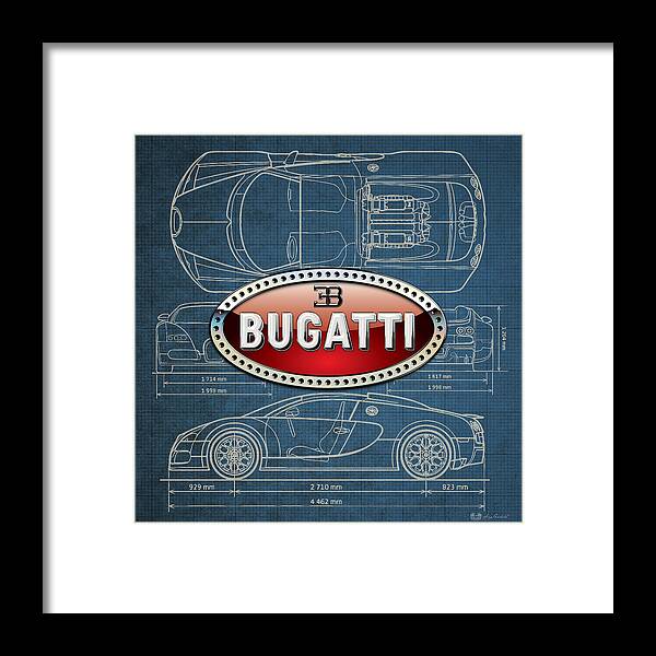 �wheels Of Fortune� By Serge Averbukh Framed Print featuring the photograph Bugatti 3 D Badge over Bugatti Veyron Grand Sport Blueprint #1 by Serge Averbukh