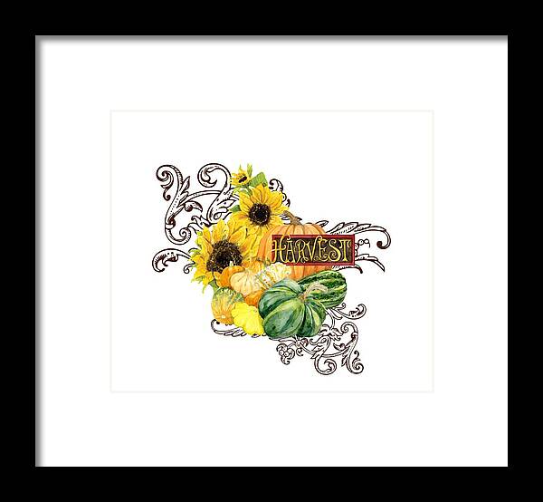Harvest Framed Print featuring the painting Celebrate Abundance - Harvest Fall Pumpkins Squash n Sunflowers #2 by Audrey Jeanne Roberts