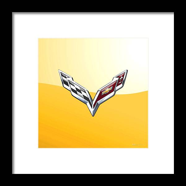 �wheels Of Fortune� Collection By Serge Averbukh Framed Print featuring the photograph Chevrolet Corvette 3D Badge on Yellow by Serge Averbukh